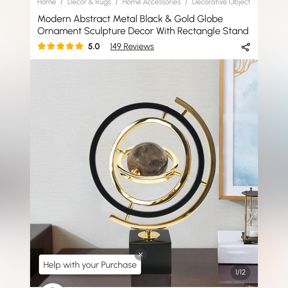 Modern Abstract Black & Gold Globe Ornament Sculpture